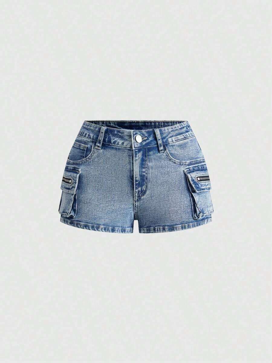 Grunge Punk Conjuntos de verano para mujer: shorts mini de tiro bajo de mezclilla desgastada, estilo de calle punk - Azul lavado medio - Ver 1