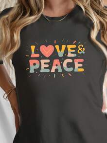 Women's Casual Summer T-Shirt, Love & Peace Print Round Neck T-Shirt, Short Sleeve Casual Top For Spring/Summer, Stylish And Fashionable Women's T-Shirt - 黑色 - 查看 7