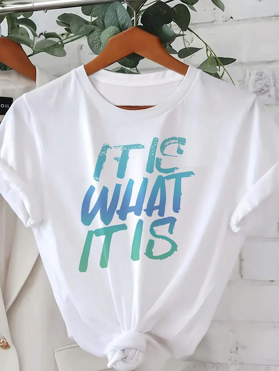 Women's Plus Size Summer Casual T-Shirt, Women's Round Neck Casual T-Shirt, Short Sleeve Top With "It Is What It Is" Letter Print, Spring/Summer Style, Stylish And Fashionable T-Shirt. - 白色 - 查看 1