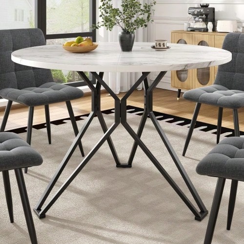 Round Dining Table (100*100*76cm), Kitchen Dining Table, Round Coffee Table For 4 People, Suitable For Dining Room, Living Room, Stylish Metal Table Legs, MDF Marble Tabletop, Black - Black - View 1