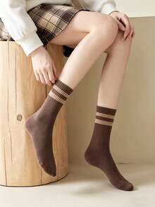 1/6 Pair [Random Delivery] Striped Mid-Calf Socks Unisex, Suitable For All Seasons, Retro College Style Versatile Breathable Comfortable Socks For Daily Commute - Multicolor - View 5