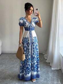 Nuevo diseño de vestido midi elegante con estampado floral posicionado, escote en V, mangas abullonadas y cintura ceñida, en un estilo sofisticado y favorecedor al Body con inspiración del Medio Oriente, en colores azul y blanco tejidos - Naranja - Ver 11