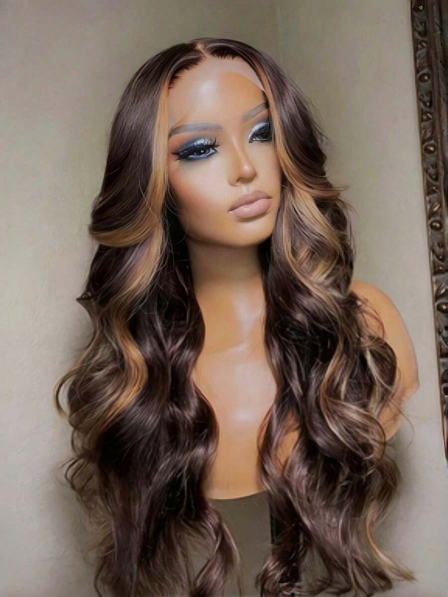 Highlights Brown Lace Front Wigs Human Hair 13x4 Hd Transparent Body Wave Lace Frontal Wigs With Baby Hair 200% Density Pre Plucked Glueless Lace Front Wigs Highlights Water Wave Lace Frontal Wig For Women - Những điểm nổi bật màu nâu - Xem 1