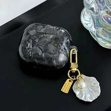 1pc Black Shell Texture Earphone Case With Small Pearl Hanging Chain, Compatible With 4/Pro/Pro3/Pro 2nd, With Protective Cover - Black - View 6
