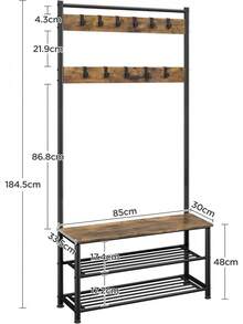 Coat Rack Stand, 185cm Height Coat Stand With Shoe Bench, Industrial Coat And Shoe Rack Storage For Hallway/Living Room, Rustic Brown - Rustic Brown - View 3