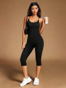 VVX Women's Yoga Capri Jumpsuit Scoop Neck Spaghtti Straps Backless Tummy Control Butt Lifting, Workout Gym Sports Shorts Romper Seamless Ribbed - Black - View 1