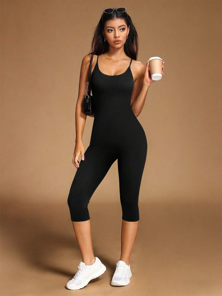 VVX Women's Yoga Capri Jumpsuit Scoop Neck Spaghtti Straps Backless Tummy Control Butt Lifting, Workout Gym Sports Shorts Romper Seamless Ribbed - Black - View 1