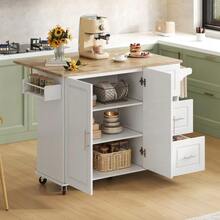 Large Mobile Kitchen Table L137*W43(76)*H92cm, Oak Top, Foldable, Multifunctional Furniture, 3 Drawers, Towel Rack, Ideal For The Kitchen, Dining Room, Home - White - View 6
