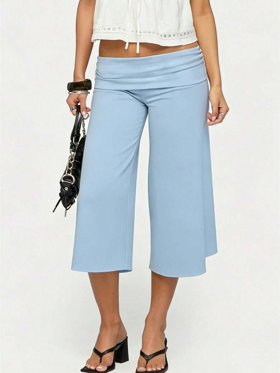Y2K Fold-Over Waist Wide Leg Cropped Culottes, Low-Rise Casual Knit Pants For Women, Multi-Color Options - Blue - View 1