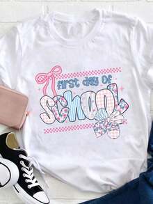 Camiseta de Mujer Estilo Universitario para Regreso a Clases - Camiseta casual de cuello redondo, holgada y de color amarillo claro, con divertidos diseños de letras, estrellas y lazos - Lavable a máquina, adecuada para primavera, verano y otoño, perfecta para el atuendo de maestra, con elegantes fuentes decorativas y tela cómoda. Camiseta de manga corta 100% Algodón. - Blanco - Ver 6