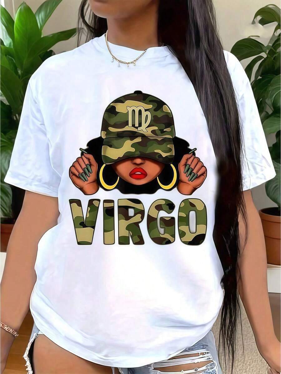 Camiseta Casual 1 pieza, Ropa de Mujer, Camiseta Blanca con Estampado del Zodíaco Virgo, Camisetas, Top Blanco, Camisetas Gráficas para Mujer, Camiseta Casual Unisex de Cuello Redondo, Tejido de Punto Ligero de 220 g/m², Lavable a Máquina, Para Primavera/Verano/Otoño, Día de San Valentín, Día de la Madre, Cumpleaños, 100% Algodón, Duradera - Blanco - Ver 1