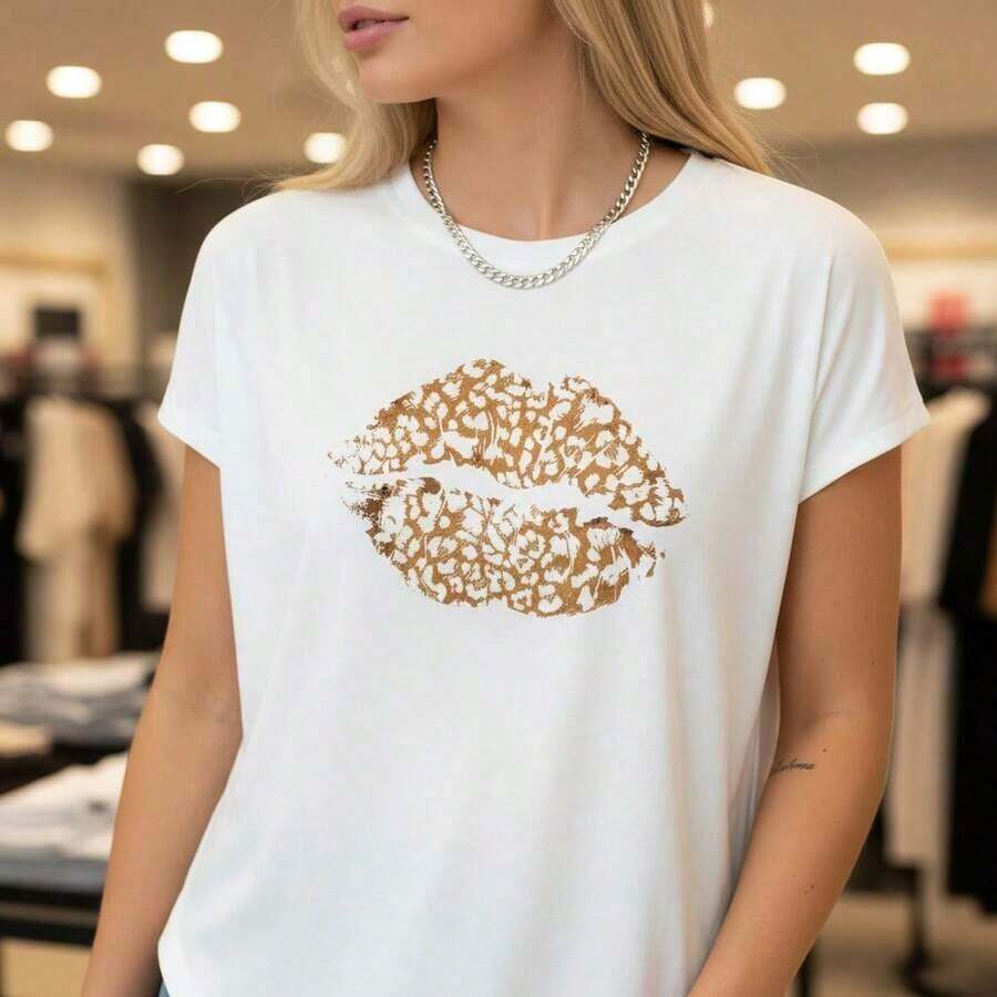 Women's Vintage Cotton T-Shirt With Leopard Lips Print, Short Sleeve, Round Neck, Casual Top, Soft And Comfortable, Loose Fit, Summer Blouse, Available Sizes, Fashionable Animal Print Lips Design, Daily Wear T-Shirt, Breathable Cotton Fabric, Graphic T-Shirt. - 白色 - 查看 1