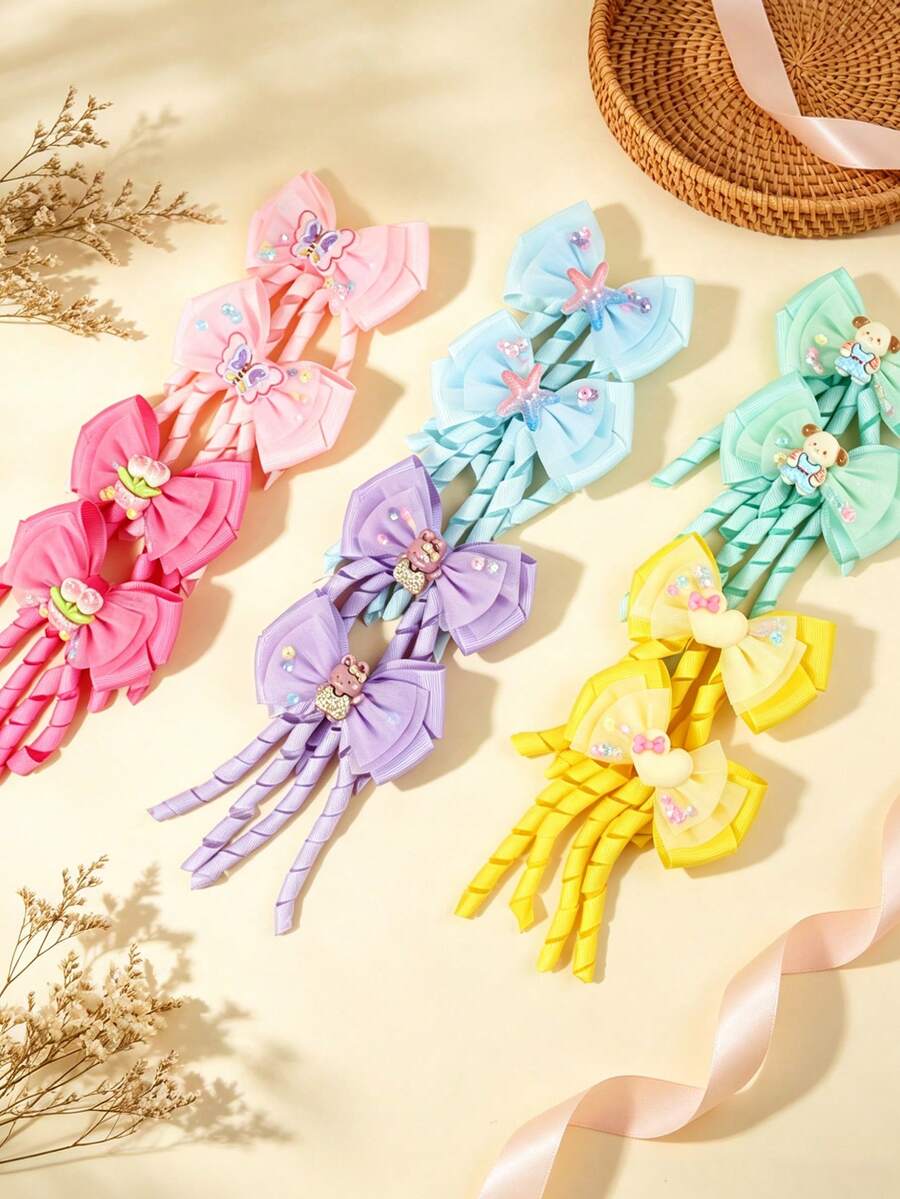 2pcs Solid Color Bow Hair Clips, Cartoon Ribbon Decor Hair Accessories, Versatile Casual Hair Clips, Suitable For Daily Wear - Multicolor - View 1