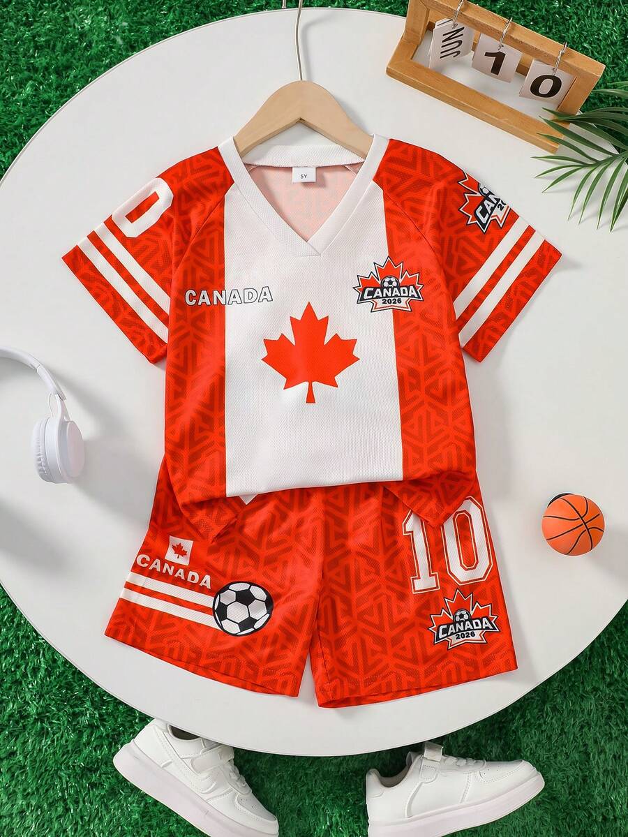酷炫男孩快乾運動套裝,紅白配色拼接 CANADA 印花球衣,短袖上衣與短褲 2 件套 - 紅色 - 查看 1