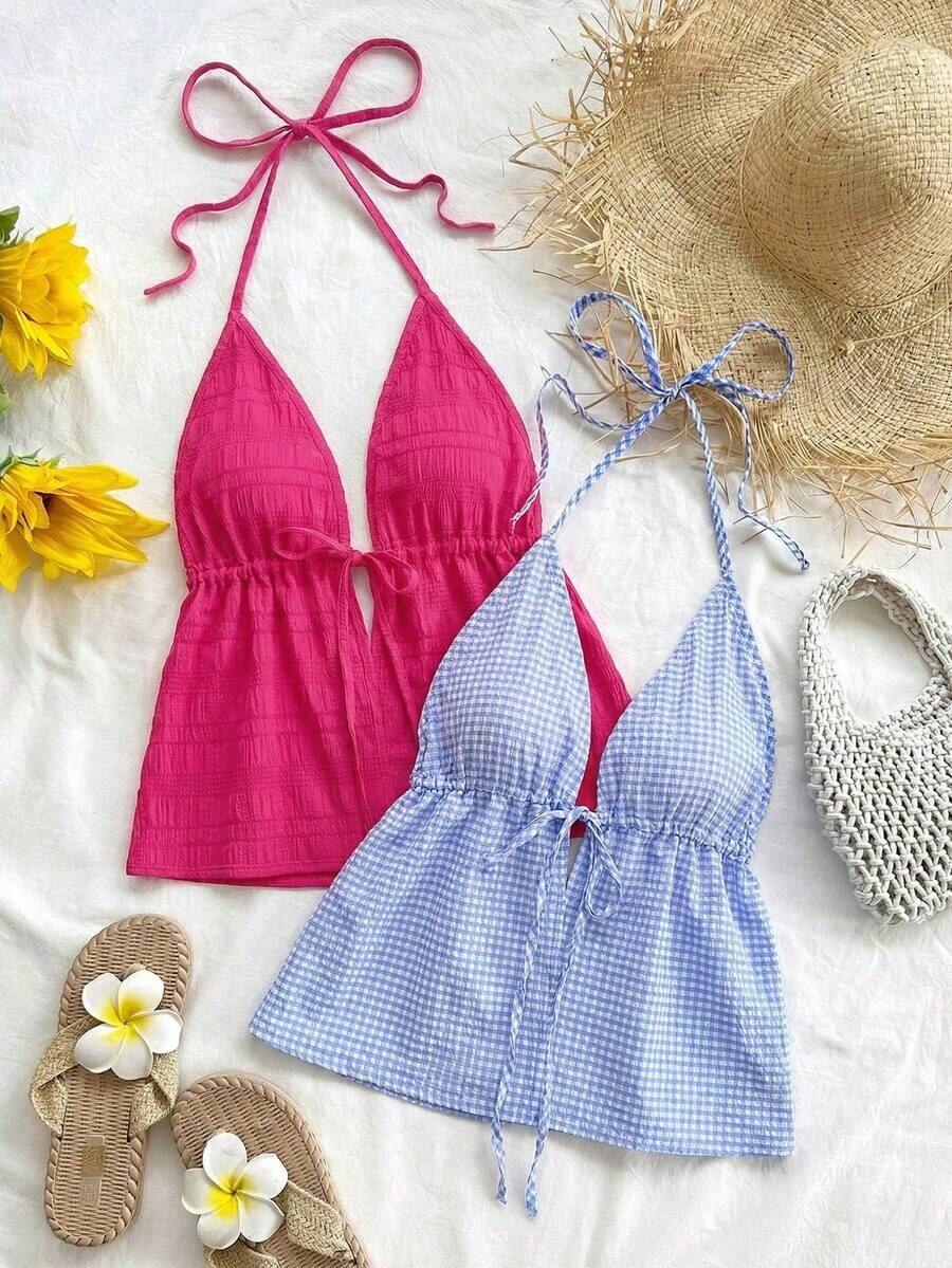2 piezas Camiseta sin espalda con escote en V y tirantes con estampado de leopardo sexy, adecuada para vacaciones, citas, té de la tarde, vacaciones, festivales de música, estilo bohemio - Rosa Fucsia - Ver 1