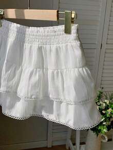Falda  para mujer, de tela tejida a rayas con cintura elástica y dobladillo con volantes, adecuada para festivales de música country - Blanco - Ver 6