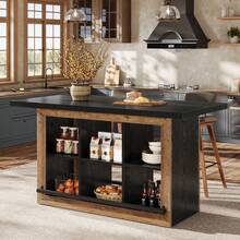 LITTLE TREE Kitchen Island With Storage, Counter Height Kitchen Island Table With 6 Open Cubbies And Footrests, Coffee Bar Table For Dining Room - Black and Brown - View 1
