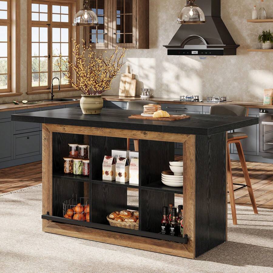 LITTLE TREE Kitchen Island With Storage, Counter Height Kitchen Island Table With 6 Open Cubbies And Footrests, Coffee Bar Table For Dining Room - Black and Brown - View 1