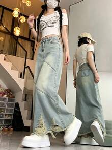 Women's Light Blue Washed Long Denim Skirt, Distressed Hem, Non-Stretch, Grunge Style Maxi Skirt, Suitable For Casual Wear - Light Wash - View 3