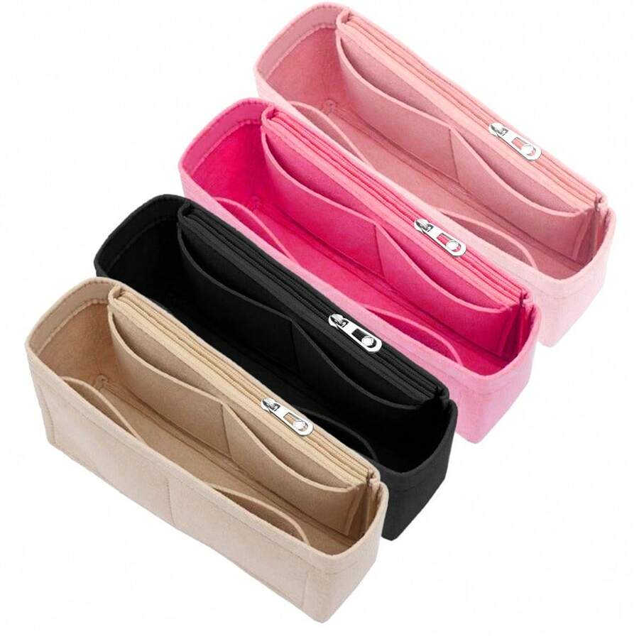 Baguette Felt Cloth Multi-Pocket Organizer Insert Bag, Zipper Cosmetic Storage Bag, Lightweight Portable Inner Travel Pouch - Black - View 1