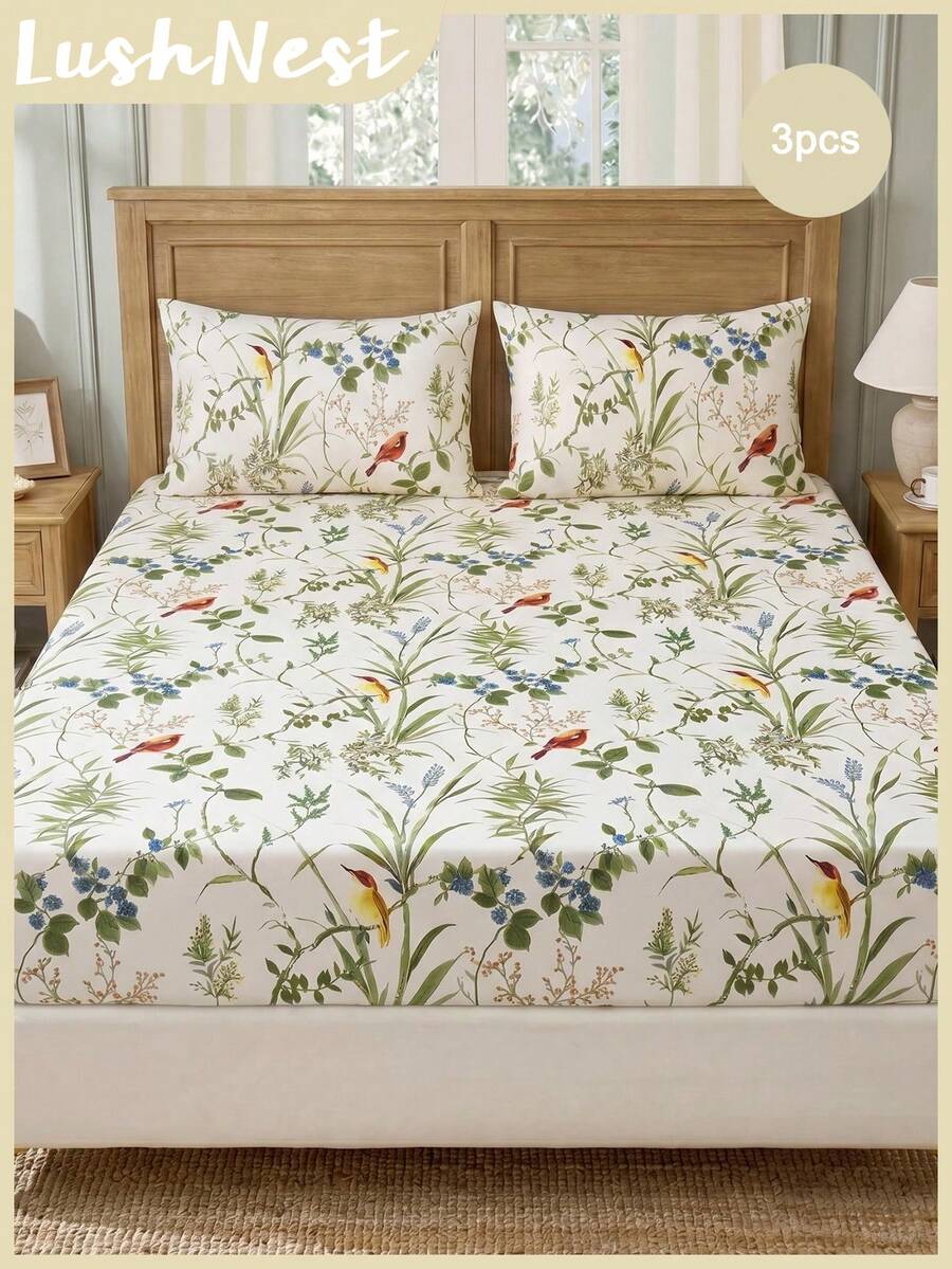 Juego de ropa de cama de 3 piezas con estampado de flores y ramas de pájaros - Incluye 1 sábana y 2 fundas de almohada, tela de poliéster suave y cómoda, patrón vintage retro, transpirable y lavable, ropa de cama floral de estilo vintage, decoración del hogar retro