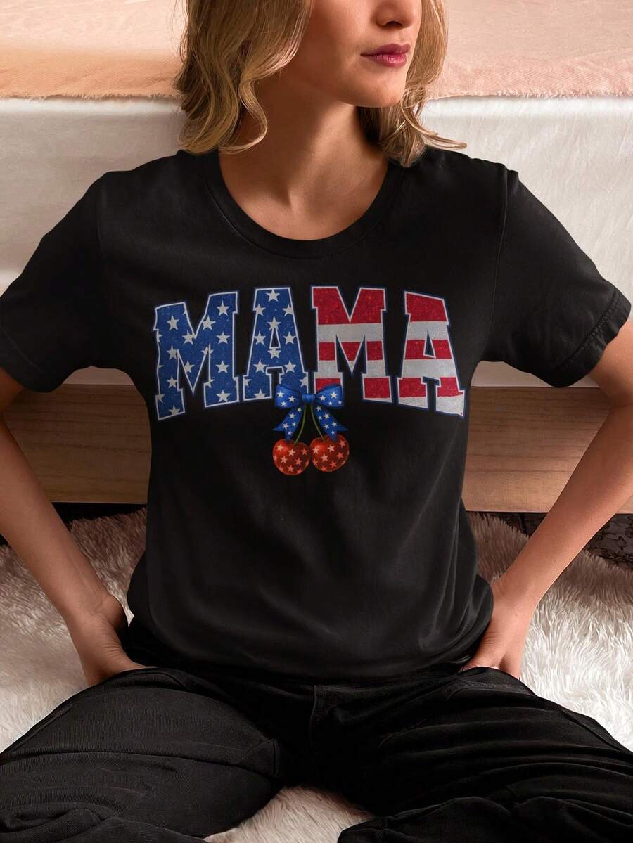 Camiseta patriótica para mamá con cerezas, camiseta gráfica Coquette USA, camiseta para mamá del 4 de julio, camiseta con efecto brillante, camiseta de verano, camiseta Bella Canvas. Camiseta unisex de algodón puro de 220 g, peso ideal para todas las estaciones, adecuada tanto para hombres como para mujeres. Tejido duradero de alta calidad, suave al tacto y de larga duración. Parte superior transpirable. Adecuada para la primavera y el verano de las mujeres, vacaciones, Día de la Madre, Día de la Independencia. - Negro - Ver 1