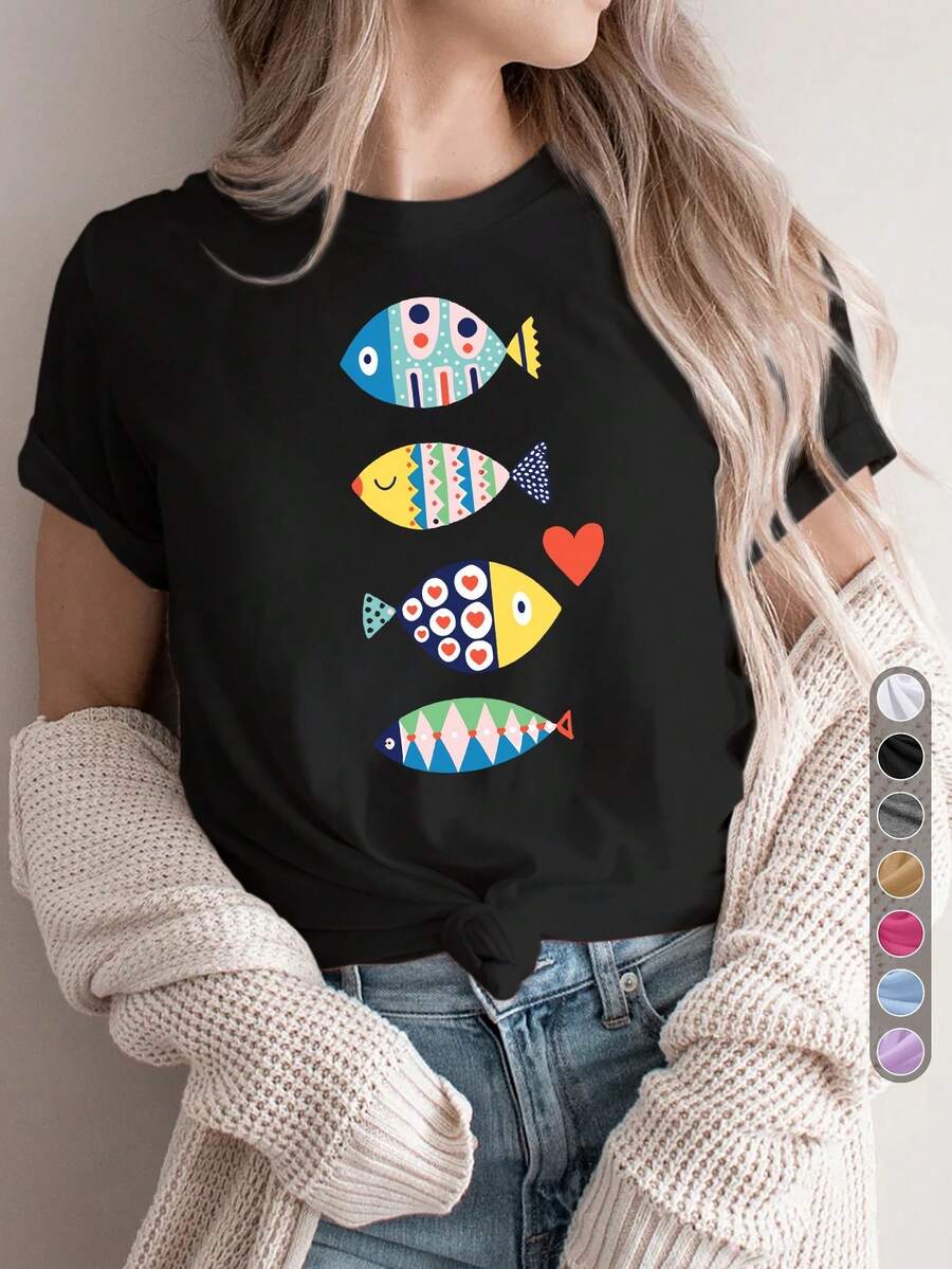 Camiseta deportiva casual vintage para mujer, camiseta de cuello redondo, estampado de peces coloridos, juvenil y a la moda, ropa de vacaciones, temática de verano, diseño de peces en forma de corazón, peces, colorida, cómoda para todas las estaciones. - Negro - Ver 1
