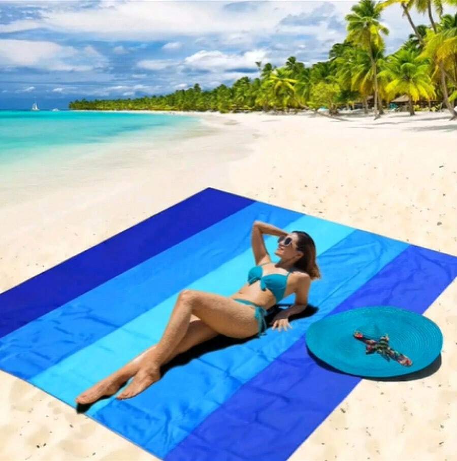 Coperta da spiaggia impermeabile a righe, leggera e resistente alla sabbia, ideale per viaggi, campeggio ed escursioni. Coperta da esterno per adulti. - blu - Visualizzare 1