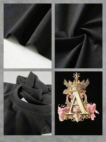 Graphic T-Shirt With Royal Initial A, Elegant Women's T-Shirt With Floral Design And Ornate Crown, Artistic Print, Unique Style, Soft And Comfortable Fabric, Perfect Gift For Her - 黑色 - 查看 4