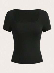 Blusa corta con escote en V profundo y manga corta, estilo sexy Y2K para mujer, de tela elástica negra ajustada, adecuada para discoteca, fiesta, festival de música y estilo casual de calle en verano - Negro - Ver 2
