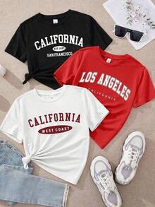 Camiseta estampada para mujer, corte recto, manga corta, cuello redondo, Los Ángeles, California, San Francisco, ciudad, estampado de letras, pieza única. - Negro - Ver 1