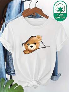 Women's 100% Pure Cotton T-Shirt, Printed With A Cartoon Bear Design, Short Sleeve T-Shirt With Round Neck, Summer Clothes For Daily Comfort And Breathability, Summer Clothes For Women. - 白色 - 查看 7