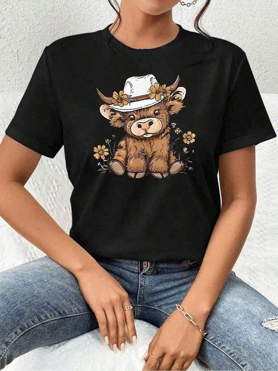 Women's T-Shirts Highland Cow Denim Shirt For Women, Cute Premium Cotton Western Boho Style Blouse, Loose Fit, Comfortable, Casual, Artistic Print. - 黑色 - 查看 1