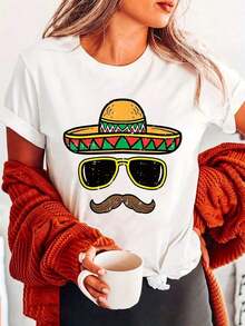 Women's Casual Short Sleeve Round Neck T-Shirt Fashion 2026 Mexican Hat Print Round Neck T-Shirt, Casual Short Sleeve Blouse For Summer And Spring, Women's Clothing. Cozy Soft Simple Everyday Wear Short Sleeve Top - 白色 - 查看 1