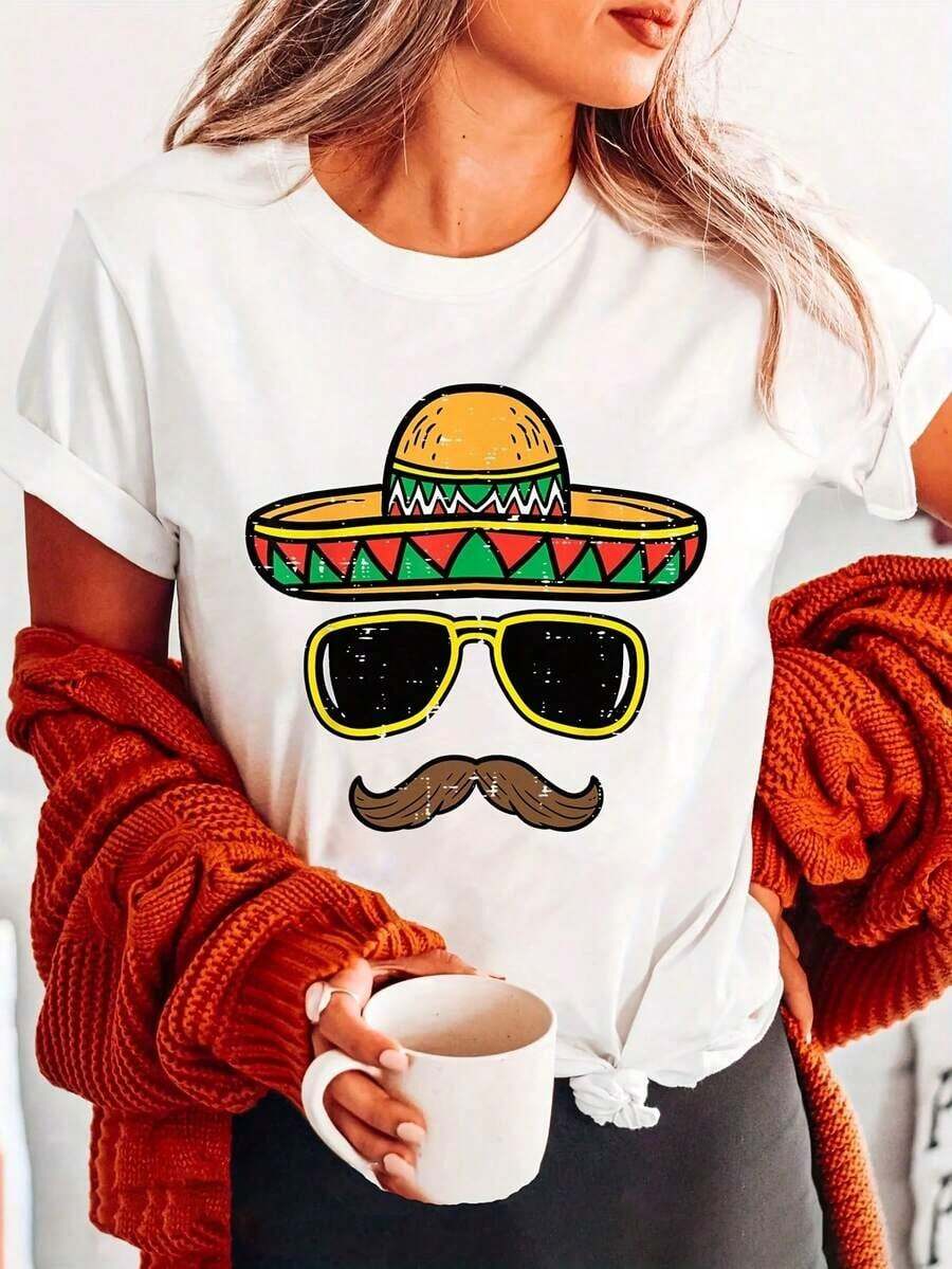 Women's Casual Short Sleeve Round Neck T-Shirt Fashion 2026 Mexican Hat Print Round Neck T-Shirt, Casual Short Sleeve Blouse For Summer And Spring, Women's Clothing. Cozy Soft Simple Everyday Wear Short Sleeve Top - 白色 - 查看 1