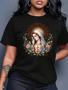 Women's Casual Short Sleeve T-Shirt, Round Neck, Fashion 2026. This Women's Short-Sleeved T-Shirt Features A Floral Print Of The Virgin Mary, A Round Neck, And Is Machine Washable. It's Comfortable, Soft, And Breathable, Making It Suitable For Spring, Summer, And Autumn. The Loose Fit Is Casual And Fashionable, Perfect For Work, Everyday Wear, Or Casual Get-Togethers With Friends. Made From 100% Cotton. - 黑色 - 查看 7