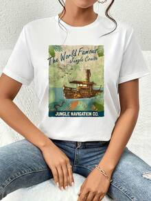 Graphic Inspired By An Adventurous River Journey Through The Jungle, Featuring A Classic Boat And Tropical Leaves That Evoke Exploration And Nature. Comfortable And Lightweight Women's T-Shirt, Ideal For Everyday Wear. - 白色 - 查看 6