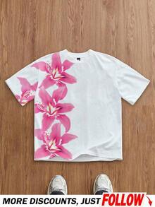 Camiseta de manga corta blanca de ajuste regular con estampado digital de teñido anudado de plantas y flores, adecuada para citas de verano, reuniones, camiseta gráfica a juego con flores rosas para hombres - Blanco - Ver 1
