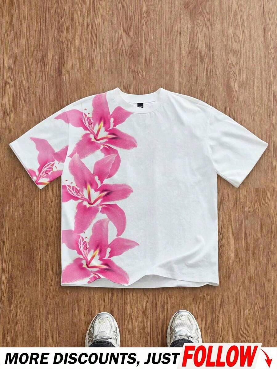 Camiseta de manga corta blanca de ajuste regular con estampado digital de teñido anudado de plantas y flores, adecuada para citas de verano, reuniones, camiseta gráfica a juego con flores rosas para hombres - Blanco - Ver 1