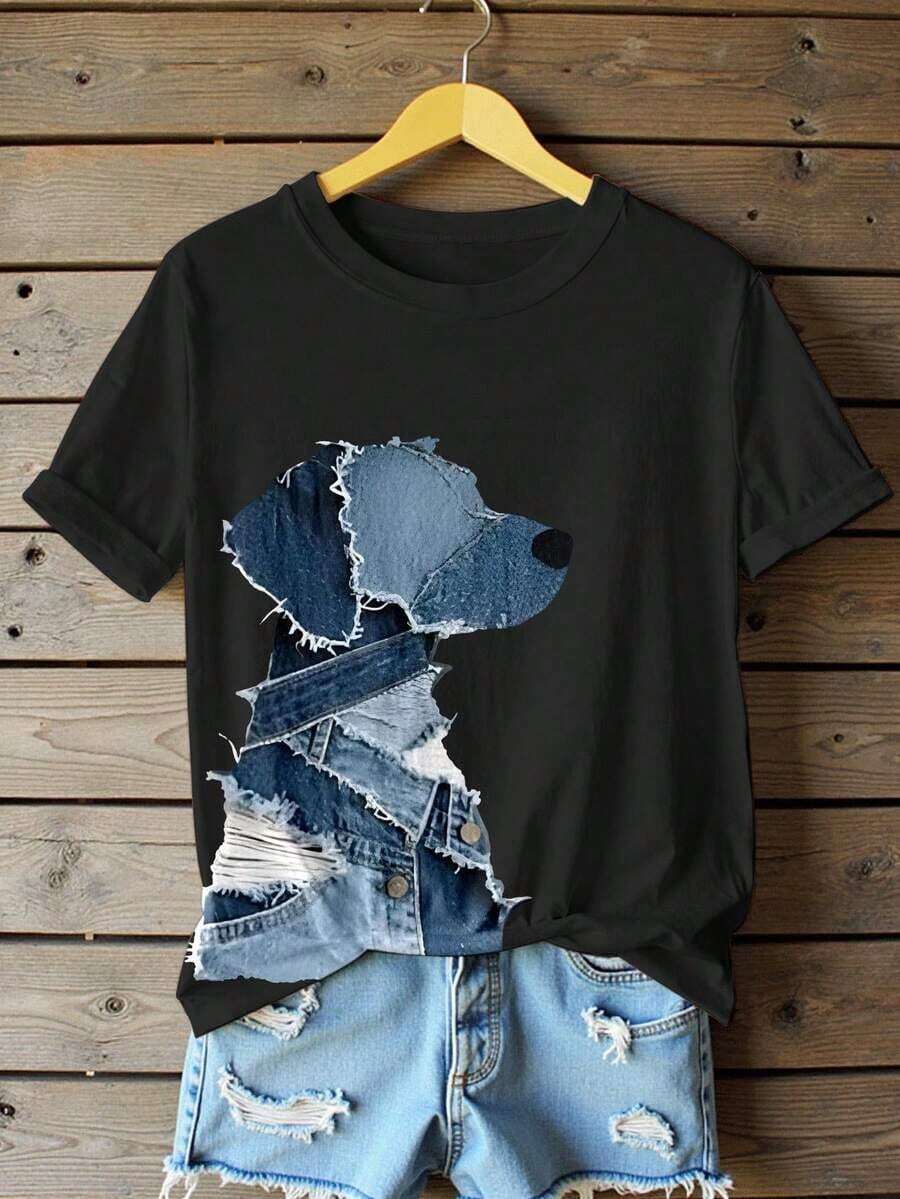 Personalized T-Shirt With Vintage Patchwork Puppy Print, Casual Short Sleeve Crew Neck T-Shirt For Women, Suitable For Everyday Wear - Loose Fit Cotton Short Sleeve Crew Neck T-Shirt, Vintage Urban Style - 黑色 - 查看 1