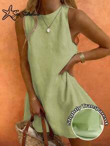 Starfish Women's Fashionable Versatile Minimalist Elegant Khaki Round Neck Sleeveless Dress, Suitable For Commuting In Spring And Summer - Green - View 1