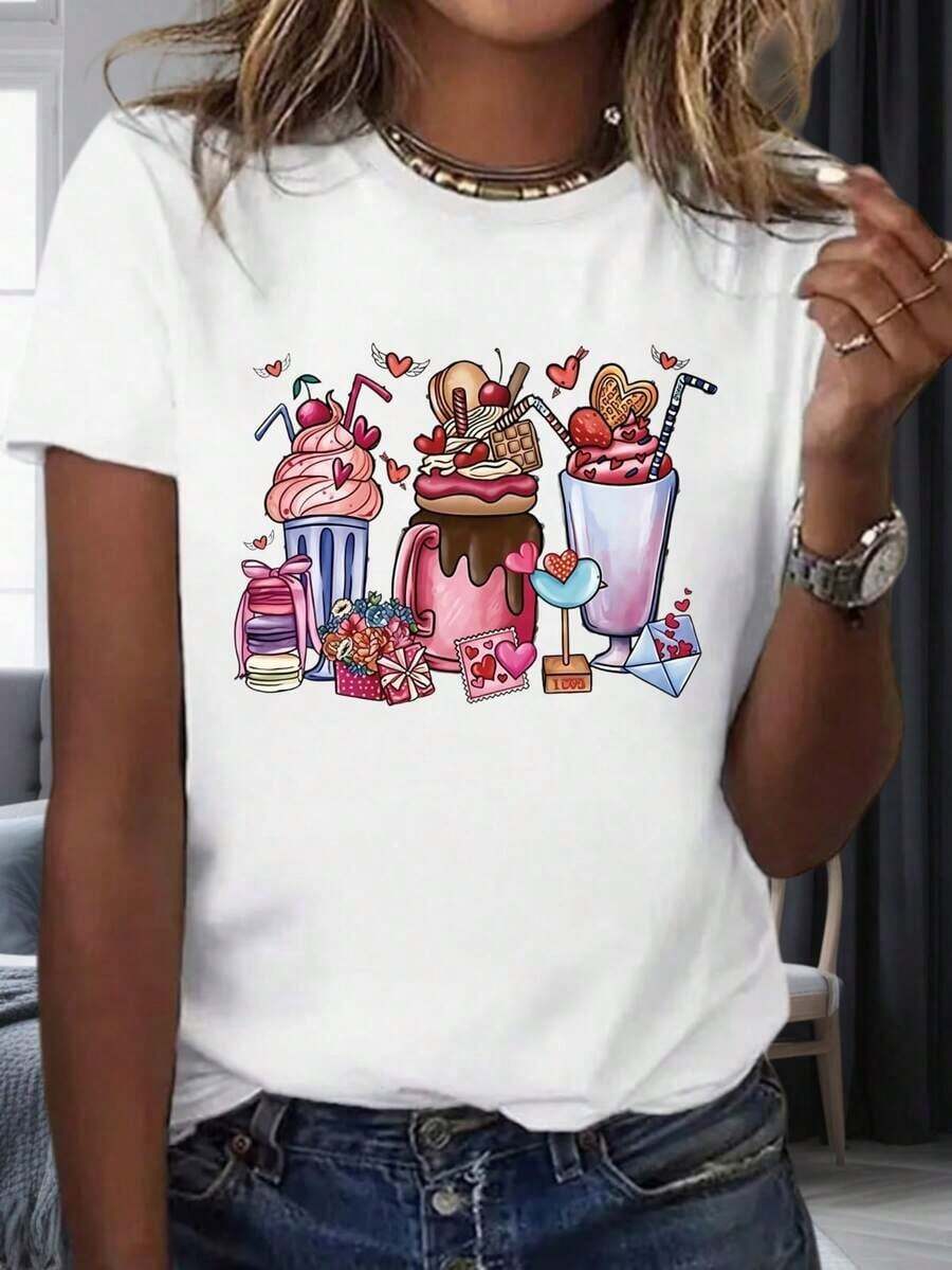 Women's Candy And Love Theme Graphic T-Shirt, Casual Summer Fashion With Dessert Design, Party And Vacation Clothes 220m Women's Heat Pack - 白色 - 查看 1