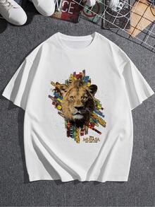 El estampado muestra la imagen majestuosa de un león rodeado de formas geométricas coloridas que simbolizan la fuerza, el liderazgo y la energía salvaje del espíritu africano camiseta de mujer  cómoda y casual para uso diario - Blanco - Ver 3