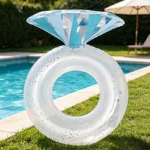 1pc Foldable Diamond Ring Shaped Inflatable Float, Multi-Style Options, Portable With Quick Inflate Valve, Glitter Water Hammock For Pool, Beach, Vacation, Lightweight Design - Ice Crystal Blue - View 6