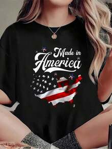 Orgullo Hecho en América - Camiseta Patriótica con Estampado de Espíritu Rojo, Blanco y Azul, Camiseta Casual de Cuello Redondo y Manga Corta para Verano - Negro - Ver 1