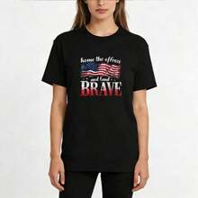 Camiseta de manga corta de algodón para mujer con cuello redondo y estampado de la bandera americana "Home Of The Brave", estilo casual. Camiseta de manga corta / tee de manga corta. 100% algodón. - Negro - Ver 3