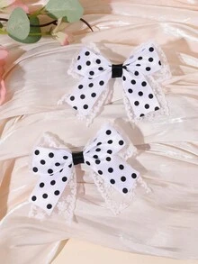 2入女童波點蝴蝶結髮夾，卡通簡約蕾絲波點緞帶黑白波點髮飾，可愛個性時尚百搭髮飾頭飾，生日派對禮物，少女日常造型髮飾配件 - 彩色 - 查看 4