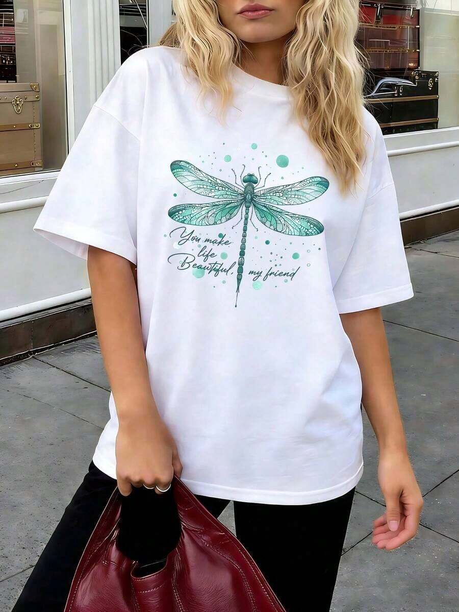 Respirable You Make Life Beautiful My Friend, Camiseta con Estampado de Libélula para Mujer, Estilo Retro Boho con Estampado de Insectos en Acuarela, Camiseta Oversize, Estética de Amistad y Naturaleza, Ropa Casual para Uso Diario, Regalo para Ella, ropa de calor mujer - Blanco - Ver 1