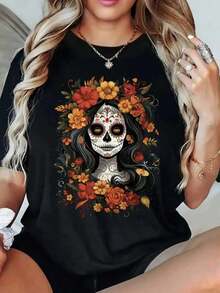 Camisetas De Calor Para MujerPlayera Camiseta Basica Estampada Grafica Dama Mujer Manga Corta Cuello Redondo Estampado Catrina Calavera Calaca Craneo Mexico Halloween Dia De Muertos Dia De Brujas Dia De Muertos Flor Flores Floral Cempasuchil Cute Gym Gimnasio Ejercicio Aesthetic Regular Casual Comoda Fresca Ligera Suave Moderna Juvenil Romantica Bohemia Salida Casa Diario Dia Playa Calor Primavera Verano Oficina Versatil Creativa - Negro - Ver 1