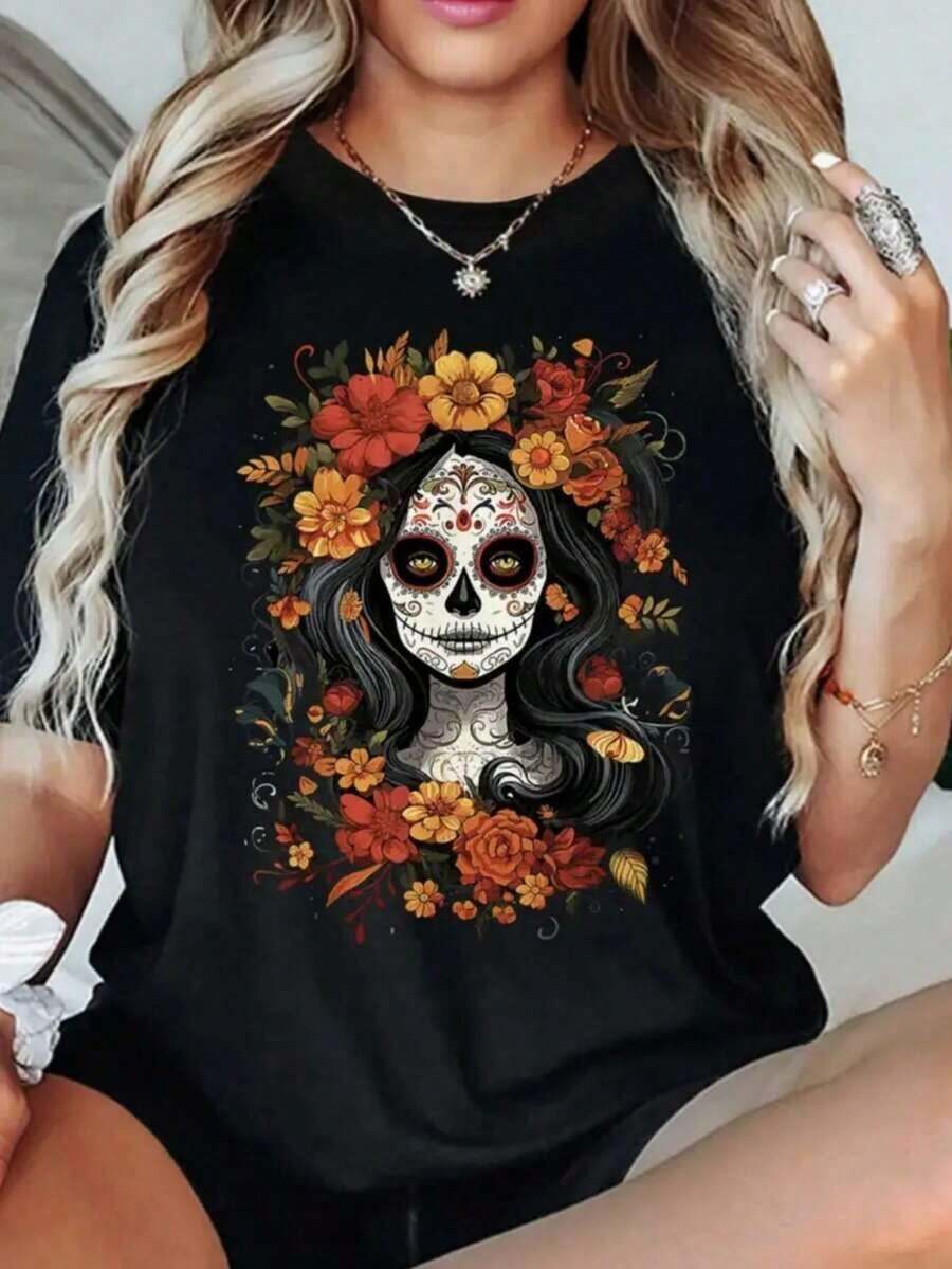 Camisetas De Calor Para MujerPlayera Camiseta Basica Estampada Grafica Dama Mujer Manga Corta Cuello Redondo Estampado Catrina Calavera Calaca Craneo Mexico Halloween Dia De Muertos Dia De Brujas Dia De Muertos Flor Flores Floral Cempasuchil Cute Gym Gimnasio Ejercicio Aesthetic Regular Casual Comoda Fresca Ligera Suave Moderna Juvenil Romantica Bohemia Salida Casa Diario Dia Playa Calor Primavera Verano Oficina Versatil Creativa - Negro - Ver 1